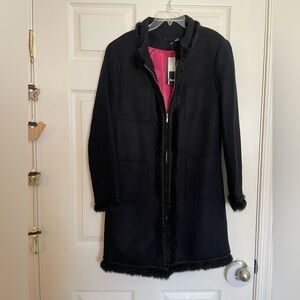Dalia Wool Black Trench Coat with Pink Inside Lining with Fur Accents NWT